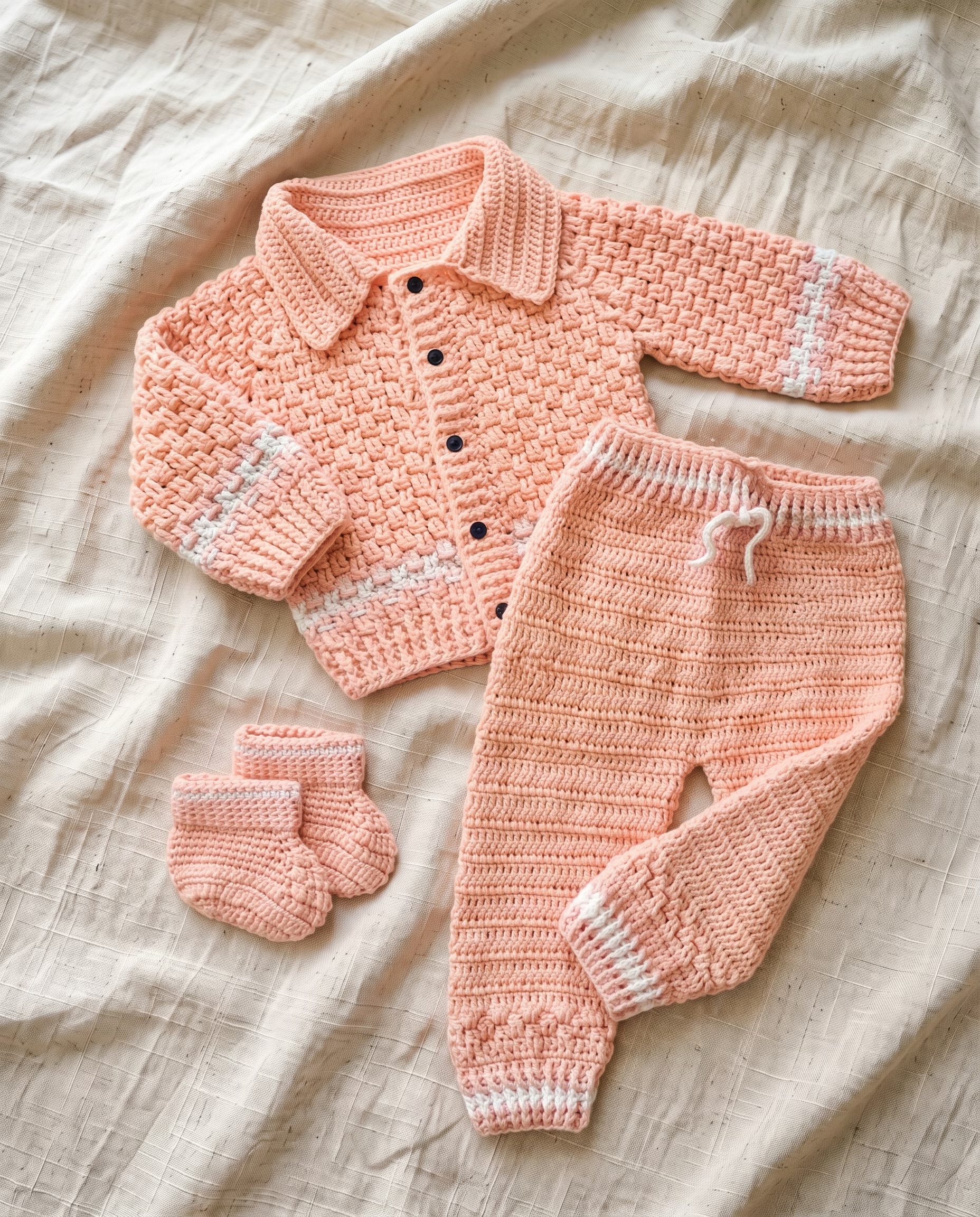 Conjunto infantil de crochê rosa claro com casaquinho, calça e sapatinhos
