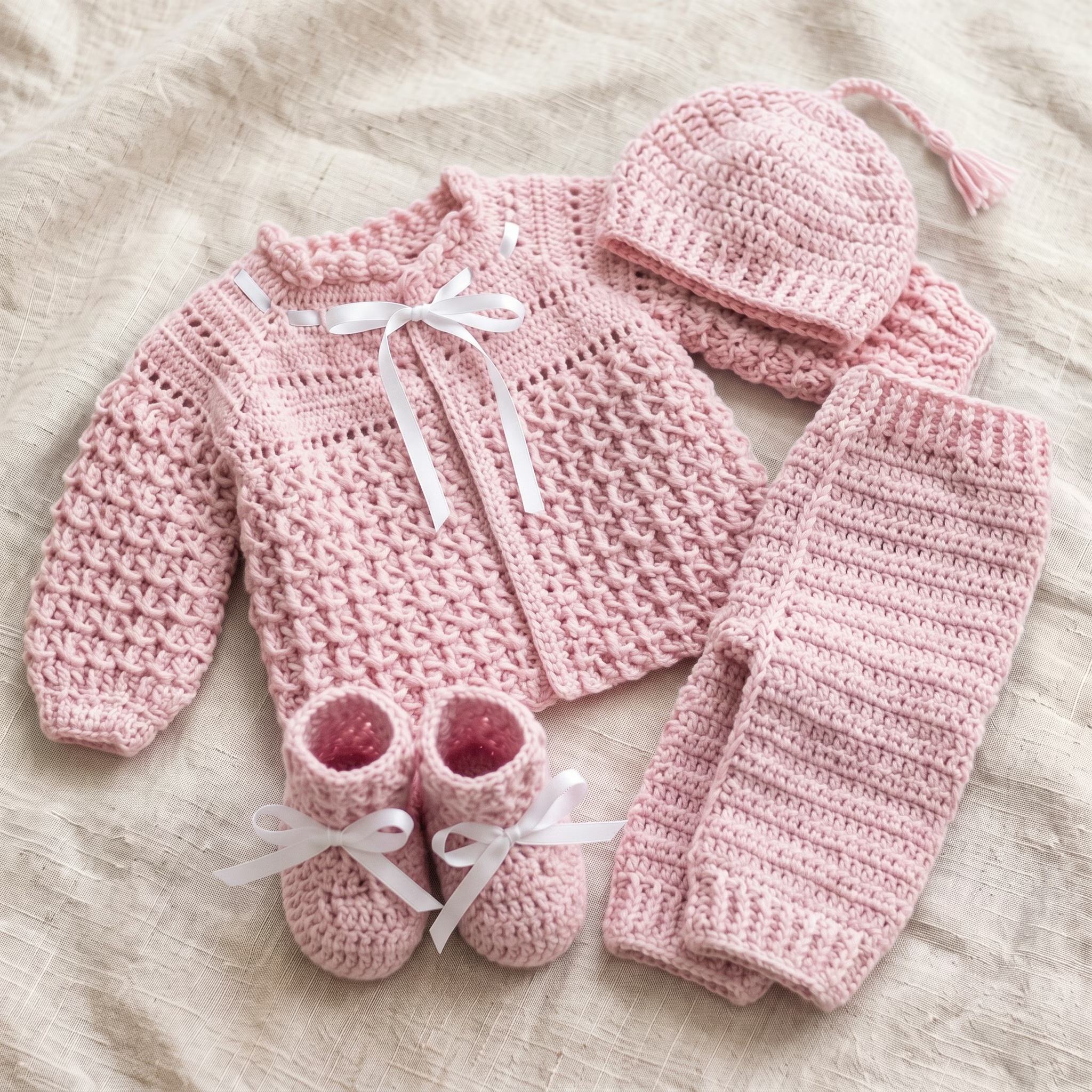 Conjunto rosa de bebê com casaquinho, touca e sapatinhos
