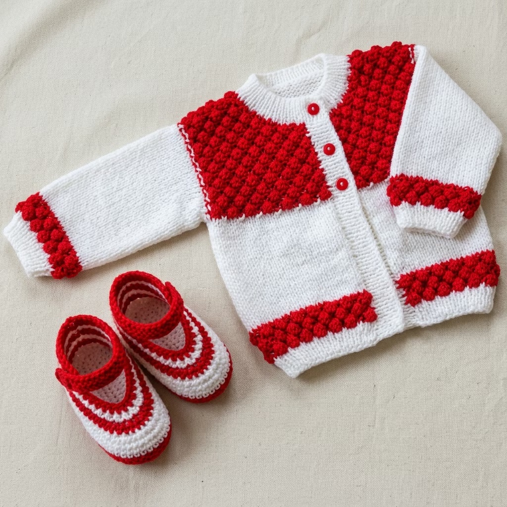 Conjunto branco e vermelho com casaquinho e sapatinhos