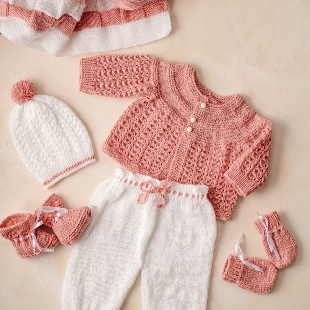 Conjunto de tricô infantil em rosa e branco com casaquinho, calça, touca e sapatinhos