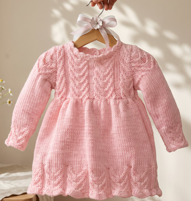 Vestido infantil de tricô rosa claro com mangas compridas e laço branco