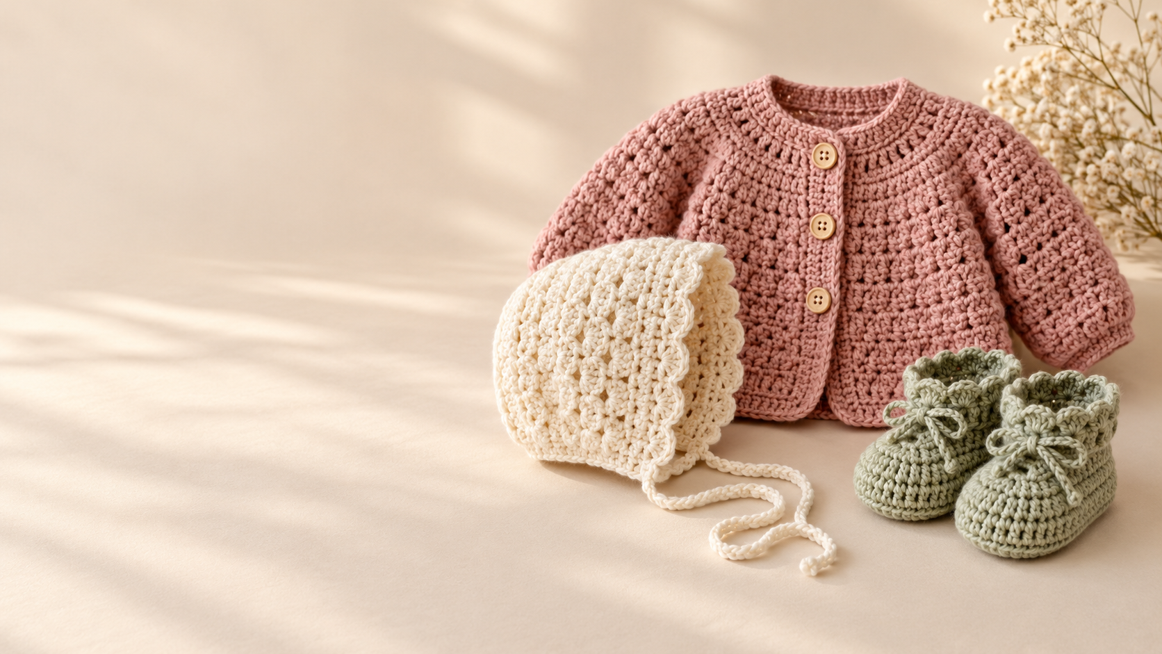 Três peças infantis de crochê em tons pastel: casaquinho rosa, touca creme e sapatinhos verde-claro
